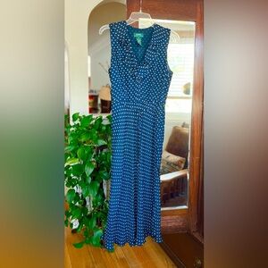 Ralph Lauren 100% Silk Polka Dot Midi Dress – Size 8. EUC.